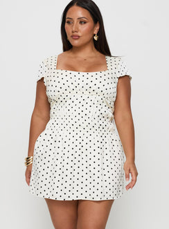 back view of model wearing Princess Polly Evangelie Ruched Mini Dress White Polka Curve Square Neck 