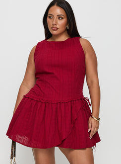 front view of model wearing Princess Polly Cosie Mini Dress Red Curve Crew Neck 