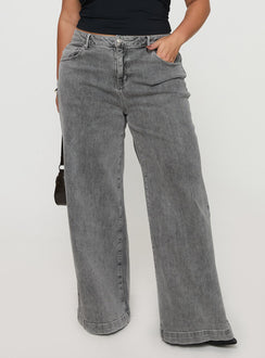 back view of model wearing Princess Polly Wolfie High Rise Wide Leg Slouchy Jeans Steel Curve High Rise Jeans Jeans 