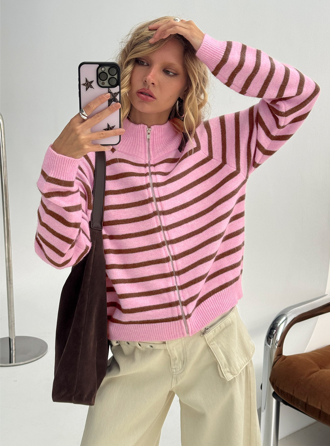 front view of model wearing Princess Polly Kaylei Zip Through Cardigan Pink Stripe regular 