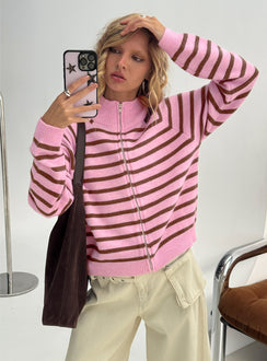 front view of model wearing Princess Polly Kaylei Zip Through Cardigan Pink Stripe regular 