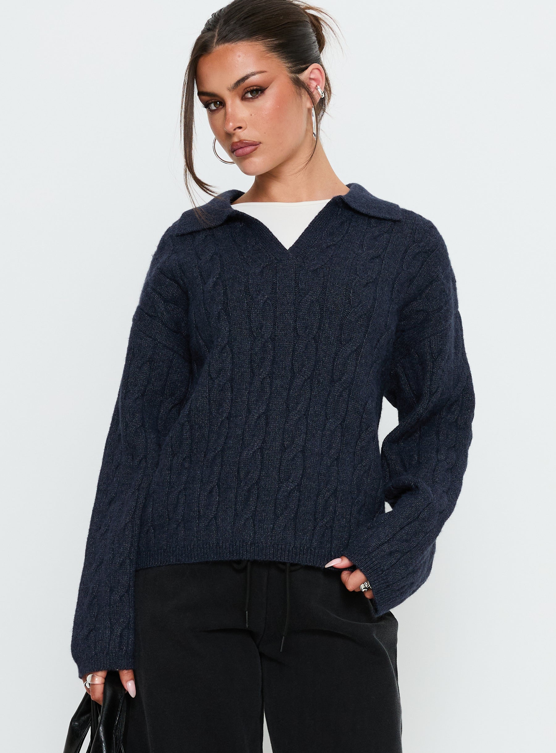front view of model wearing Princess Polly Brodey Collared Cable Knit Sweater Navy 