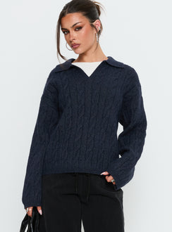 front view of model wearing Princess Polly Brodey Collared Cable Knit Sweater Navy 