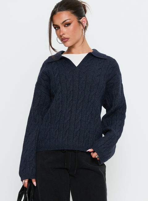 front view of model wearing Princess Polly Brodey Collared Cable Knit Sweater Navy 