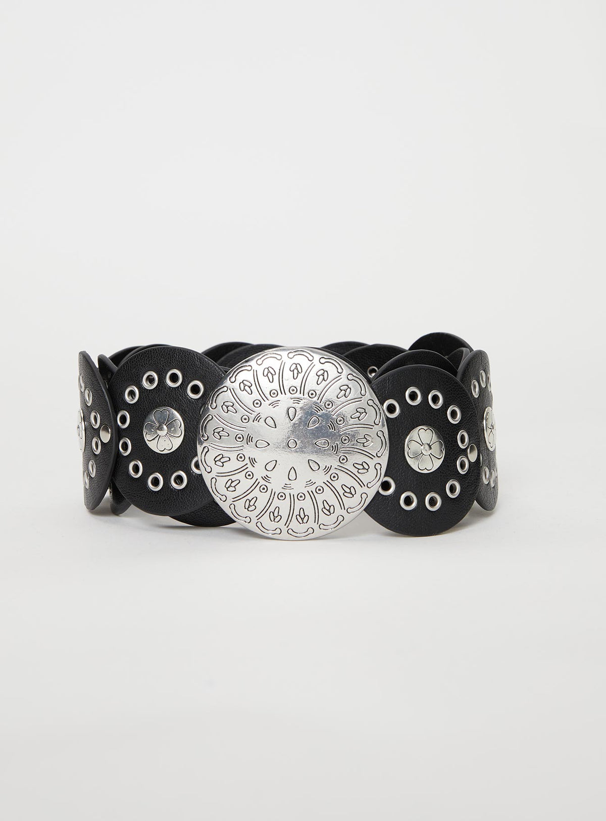 Faux leather belt Gunmetal hardware round buckle, grommets detail, adjustable length