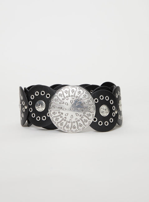 Faux leather belt Gunmetal hardware round buckle, grommets detail, adjustable length