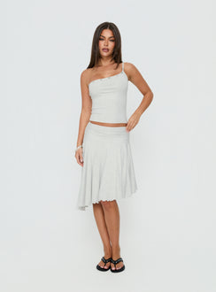 Showcasing the Mimmi Asymmetrical Midi Skirt Grey womens-skirts with ruched fitted design and frayed hem Princess Polly