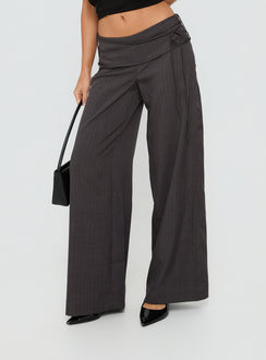 front view of model wearing Princess Polly Silver Moon Tie Pants Charcoal Mid Rise Pants Pants 