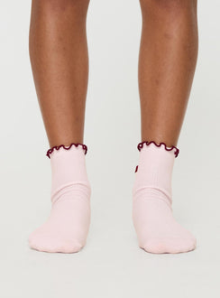 Pink and red Crew socks Bow detail, lettuce edge cuff, good stretch