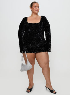 front view of model wearing Princess Polly Vinelle Long Sleeve Mini Dress Black Curve Square Neck 