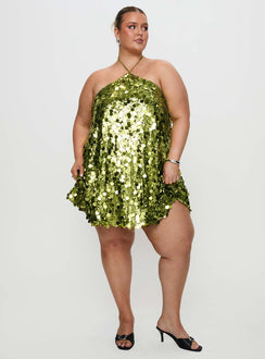 front view of model wearing Princess Polly Fluorescents Halter Mini Dress Green Curve Asymmetric Neckline 