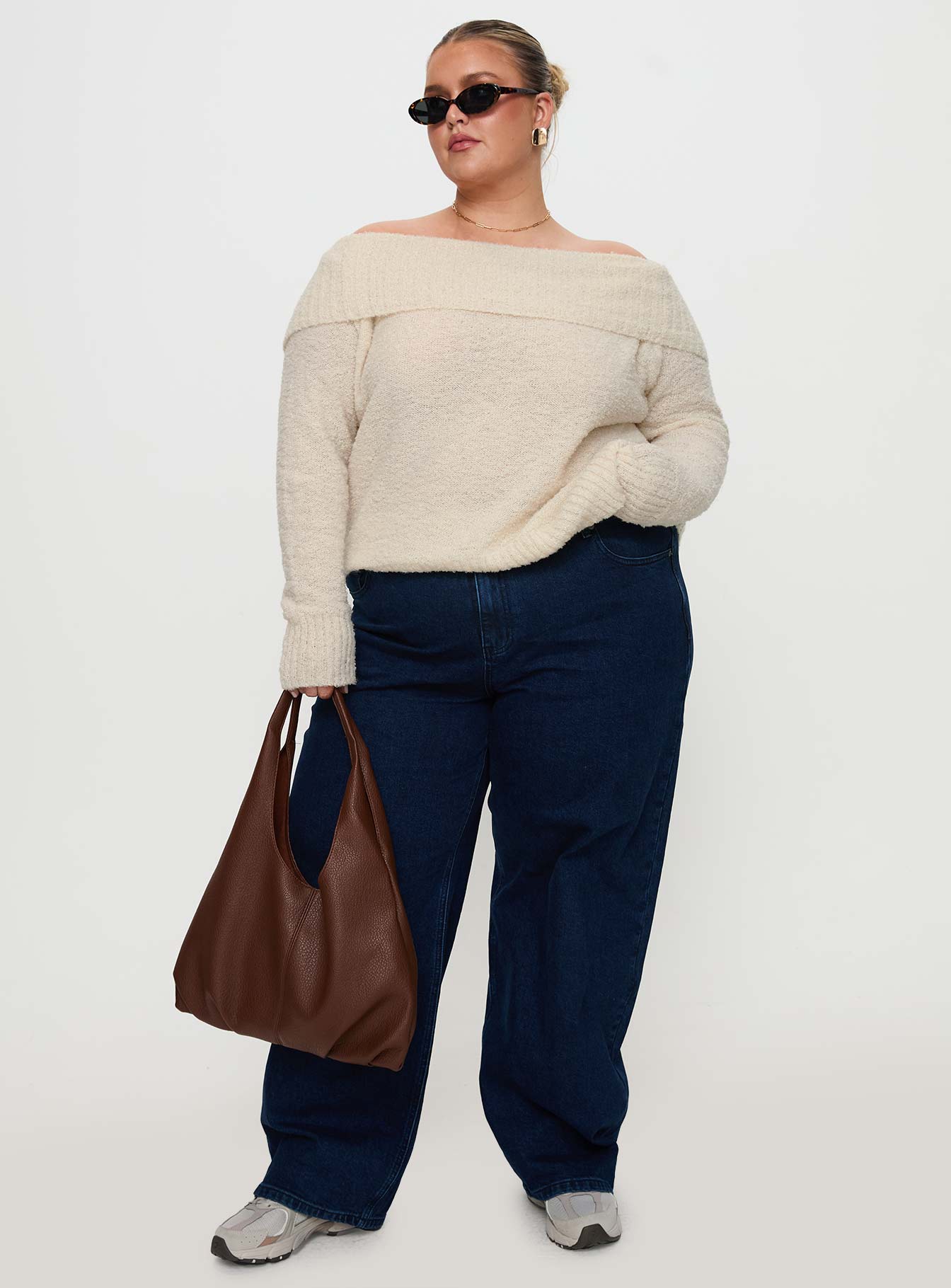 front view of model wearing Princess Polly Parkley Boucle Off The Shoulder Cream Curve 