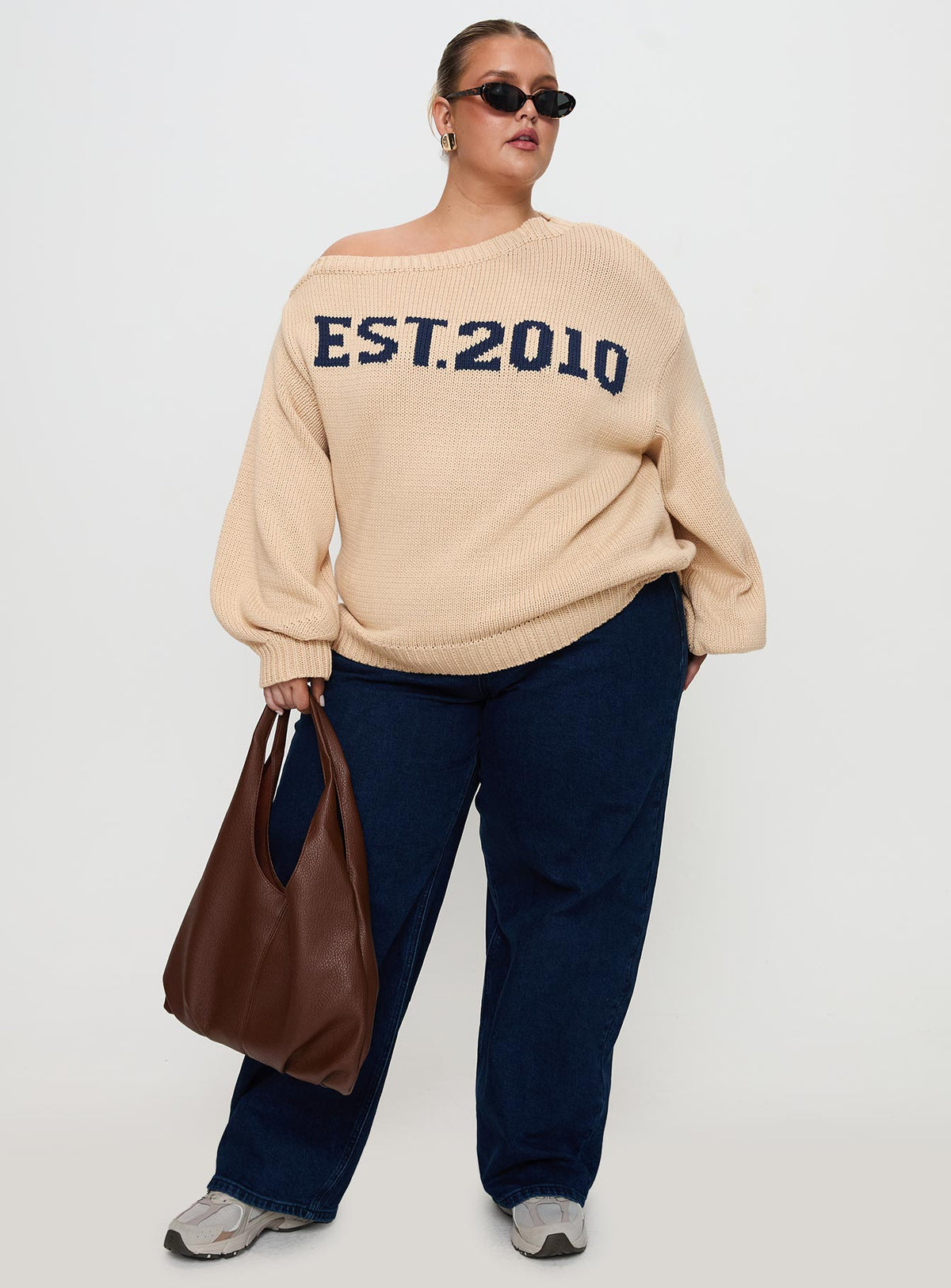 front view of model wearing Princess Polly Jadynn Off Shoulder Knit Sweater Cream Curve 