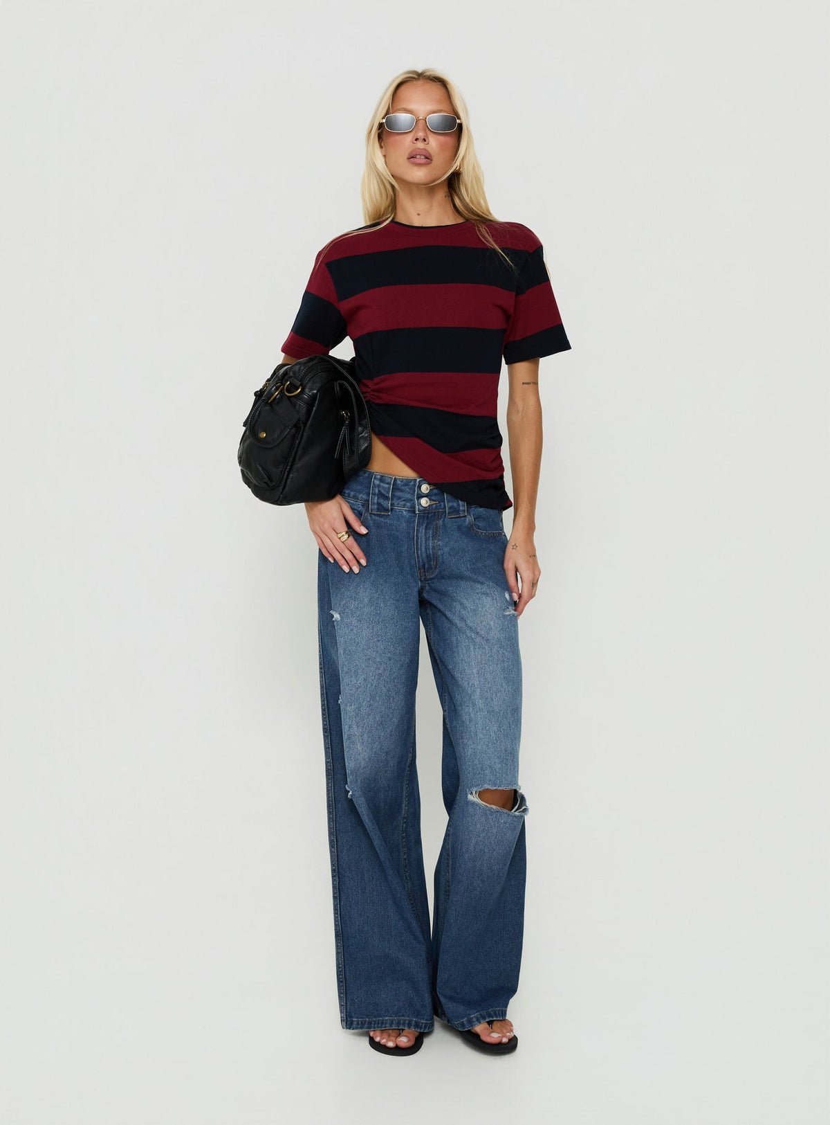 Ramos Low Rise Double Button Distressed Wide Leg Jeans Mid Blue