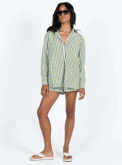 Matching set Striped print Classic collar Button front fastening Single-button cuff High waisted shorts  Drawstring waistband