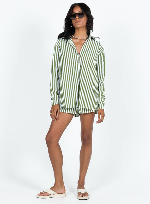 Matching set Striped print Classic collar Button front fastening Single-button cuff High waisted shorts  Drawstring waistband