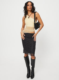 front view of model wearing Princess Polly Gilda Asymmetric Top Cream Sleeveless Asymmetric Neckline 