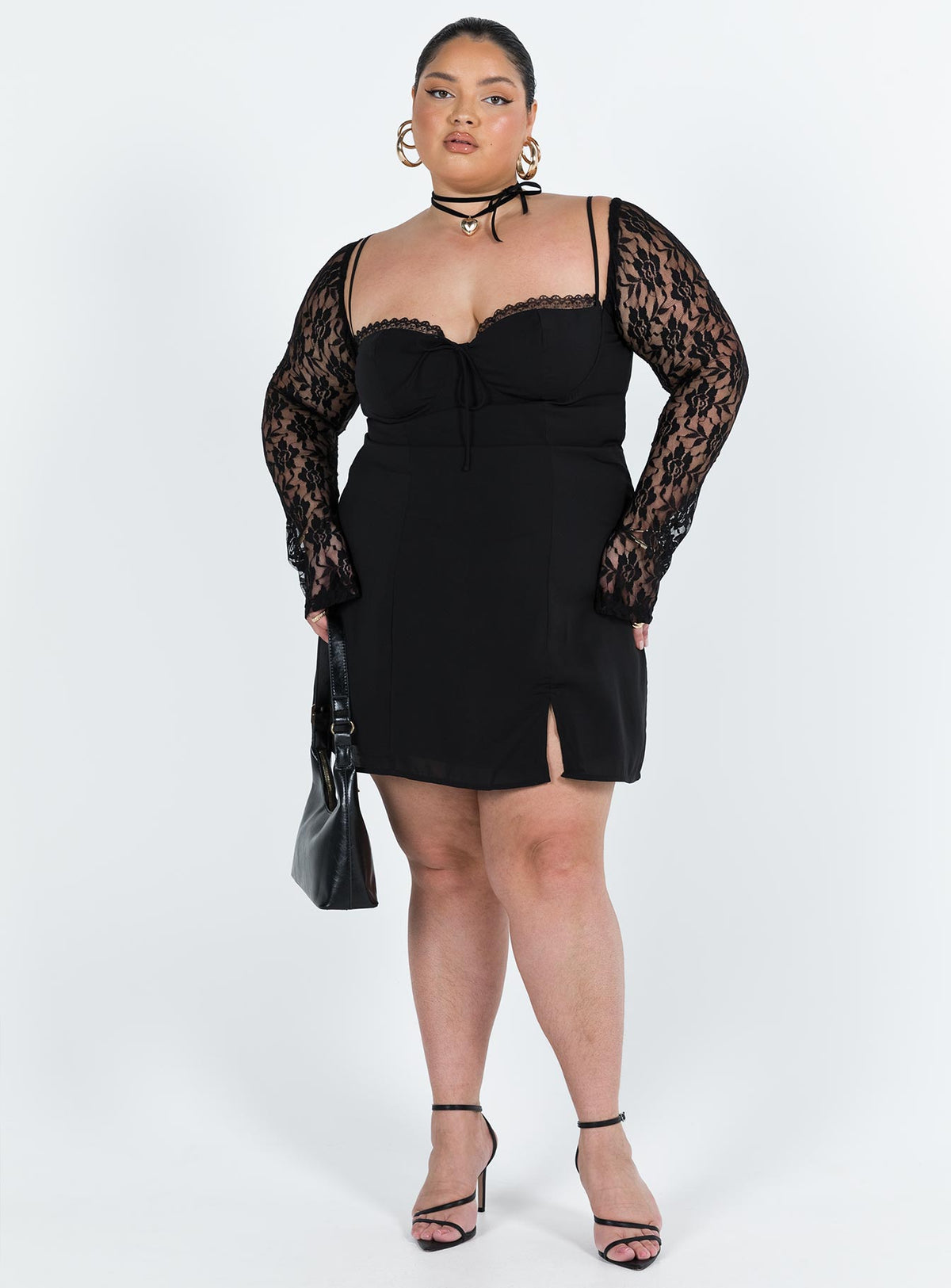 product Princess Polly High Neck  Ashwood Lace Sleeve Mini Dress Black Curve