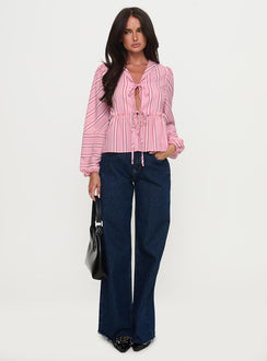 front view of model wearing Princess Polly Cindylou Long Sleeve Top Pink Stripe Full Sleeves Plunger 