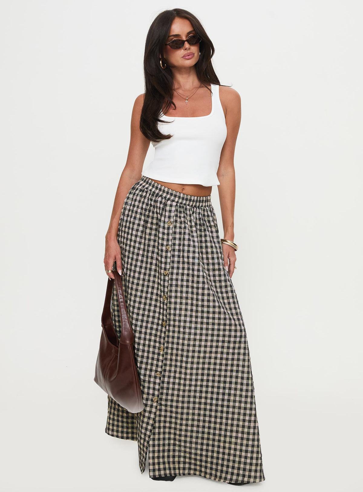   front view of model wearing Princess Polly Cartmel Check Maxi Skirt Black / Cream Maxi Skirts Skirts 