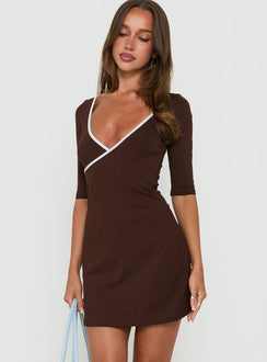 Adalea Wrap 3/4 Sleeve Mini Dress Brown / Blue