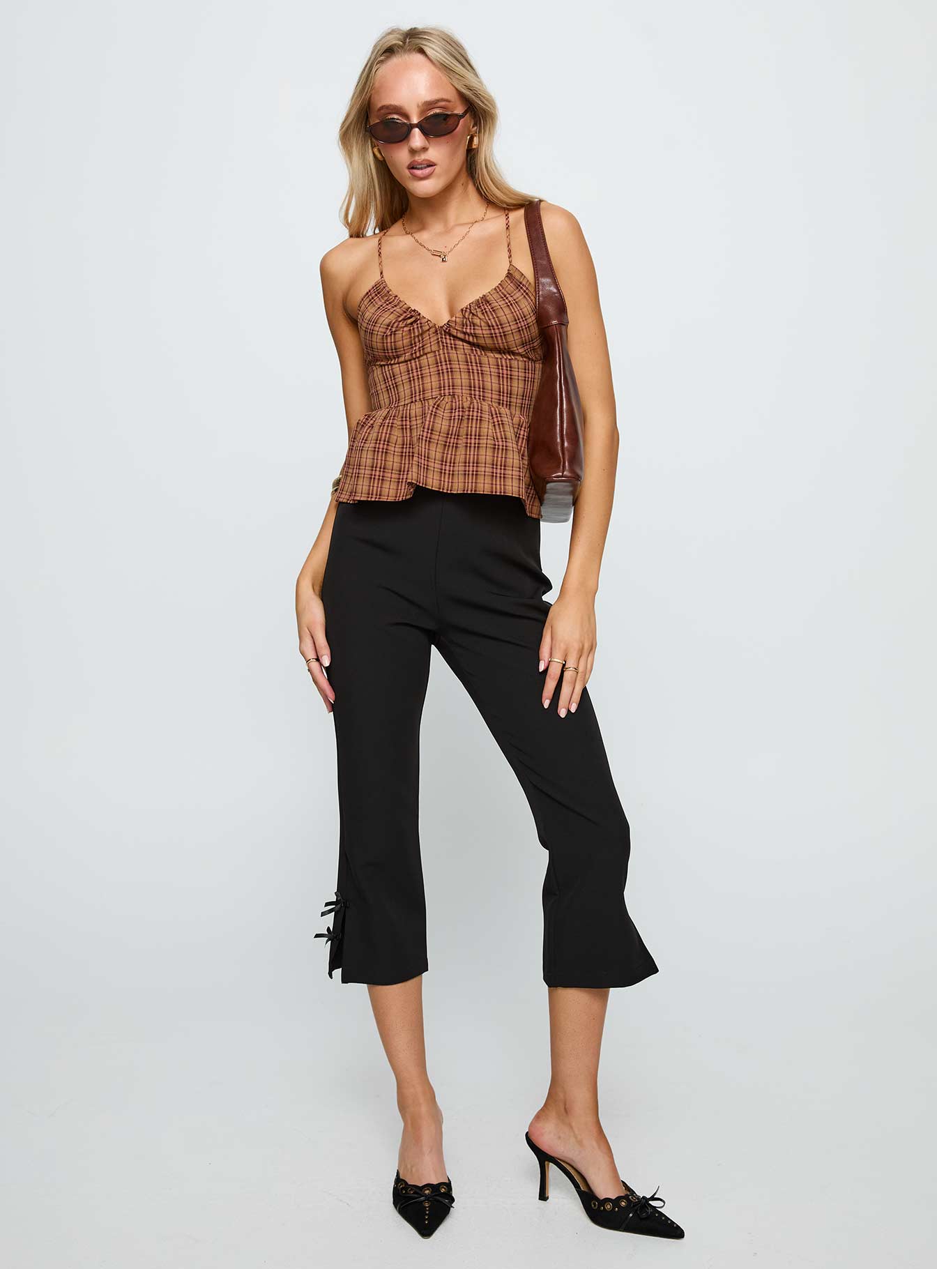 front view of model wearing Princess Polly Croatia Frill Top Brown Check Sleeveless V-Neck 