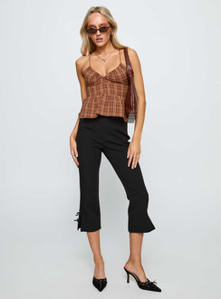 front view of model wearing Princess Polly Croatia Frill Top Brown Check Sleeveless V-Neck 