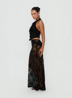 Crafted from Marenya Lace Maxi Skirt Black womens-skirts with fitted floral a-line design side view of model wearing Princess Polly