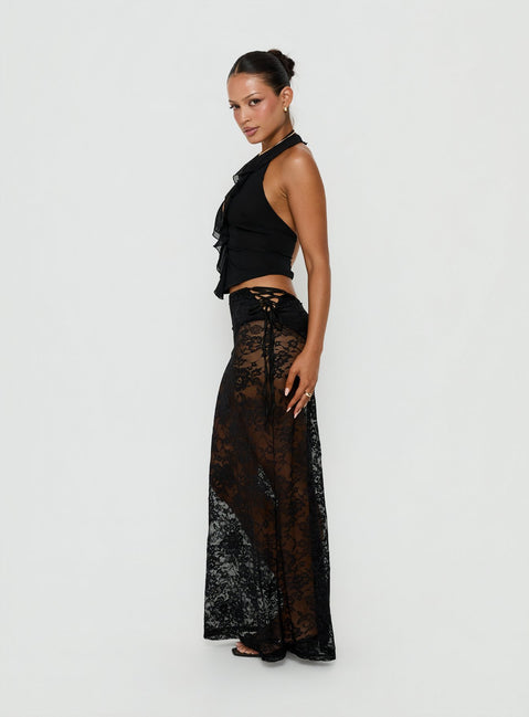 Crafted from Marenya Lace Maxi Skirt Black womens-skirts with fitted floral a-line design side view of model wearing Princess Polly