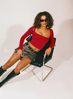   side view of model wearing Princess Polly Domenic Faux Leather Mini Skirt Washed Black Petite Mini Skirts 
