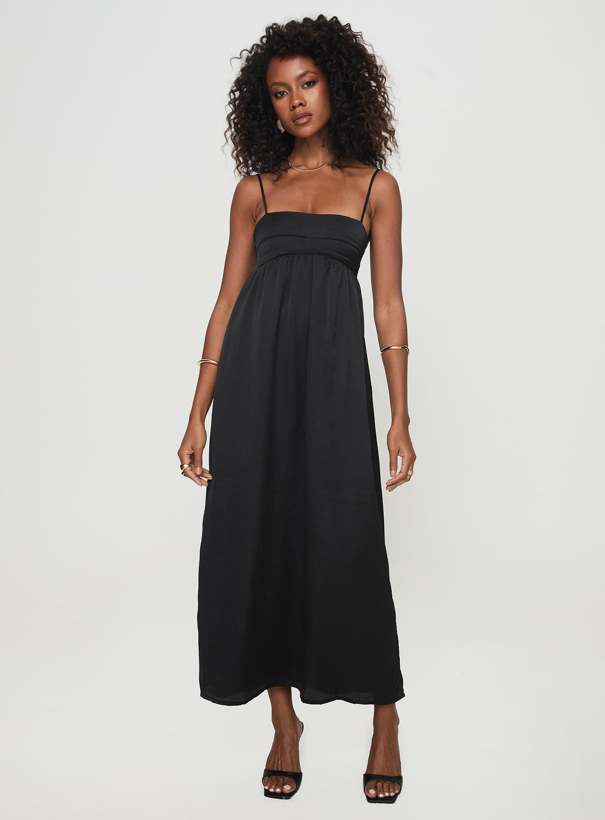 front view of model wearing Princess Polly Ortega Maxi Dress Black Square Neck 
