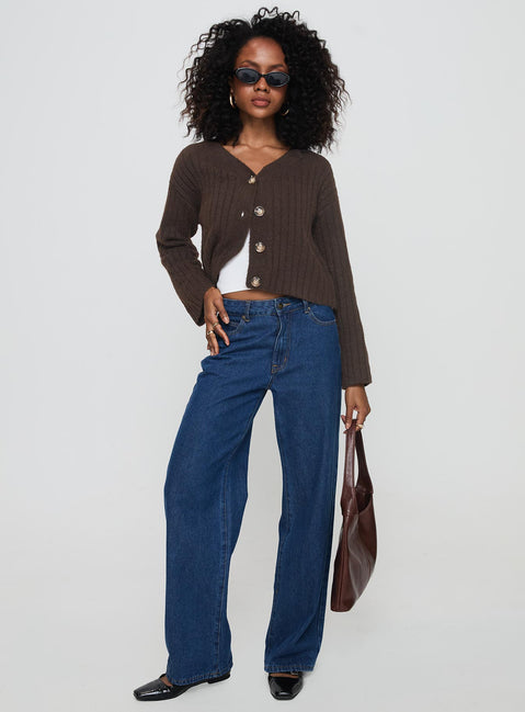 side view of model wearing Princess Polly Romona Knit Cardigan Chocolate Cropped 