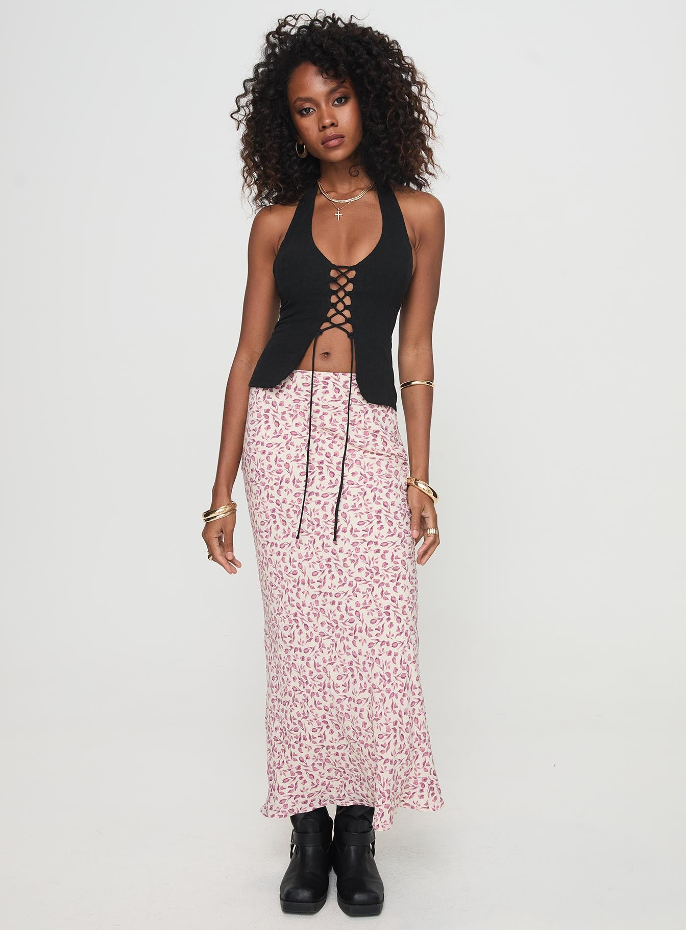   front view of model wearing Princess Polly Mariposa Maxi Skirt Beige Floral Maxi 