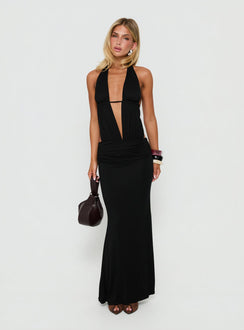 Makeina Backless Plunge Jersey Maxi Dress Black