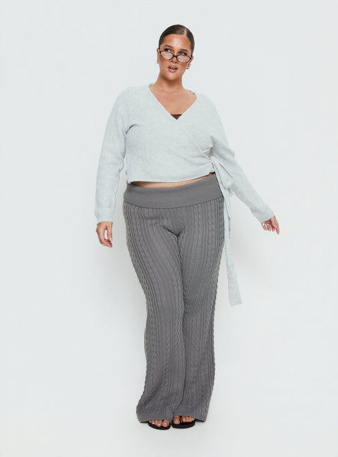 side view of model wearing Princess Polly Baleigh Cable Knit Foldover Pants Grey Curve High Rise Pants 