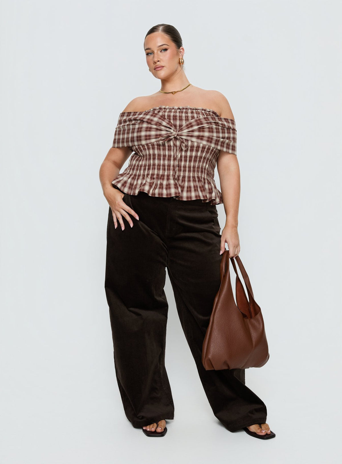 front view of model wearing Princess Polly Kenza Wide Leg Corduroy Pant Brown Curve Mid Rise Pants 