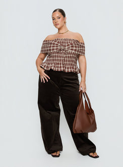 front view of model wearing Princess Polly Kenza Wide Leg Corduroy Pant Brown Curve Mid Rise Pants 