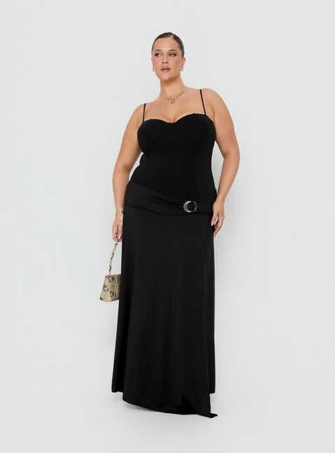 Featuring the Nola Hardware Slit Maxi Skirt Black Curve in womens-skirts with a fitted aline silhouette and lace hem front view of model wearing