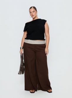 side view of model wearing Princess Polly Past Life Fold Over Waistband Pant Brown / Stripe Curve Mid Rise Pants 