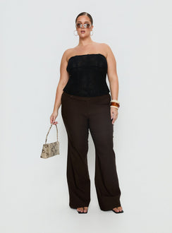 front view of model wearing Princess Polly Kinkirk Flared Pants Chocolate Curve Mid Rise Pants 