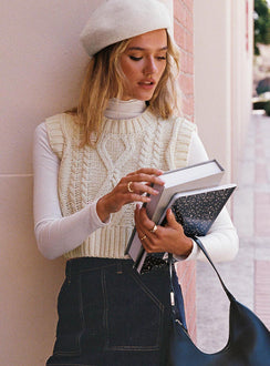 back view of model wearing Princess Polly Carey Sweater Vest Beige Cropped 