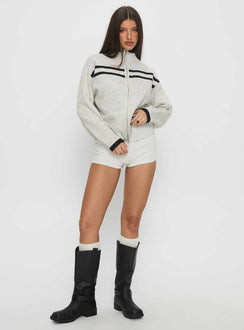 side view of model wearing Princess Polly Overstayed Zip Through Cardigan Grey 