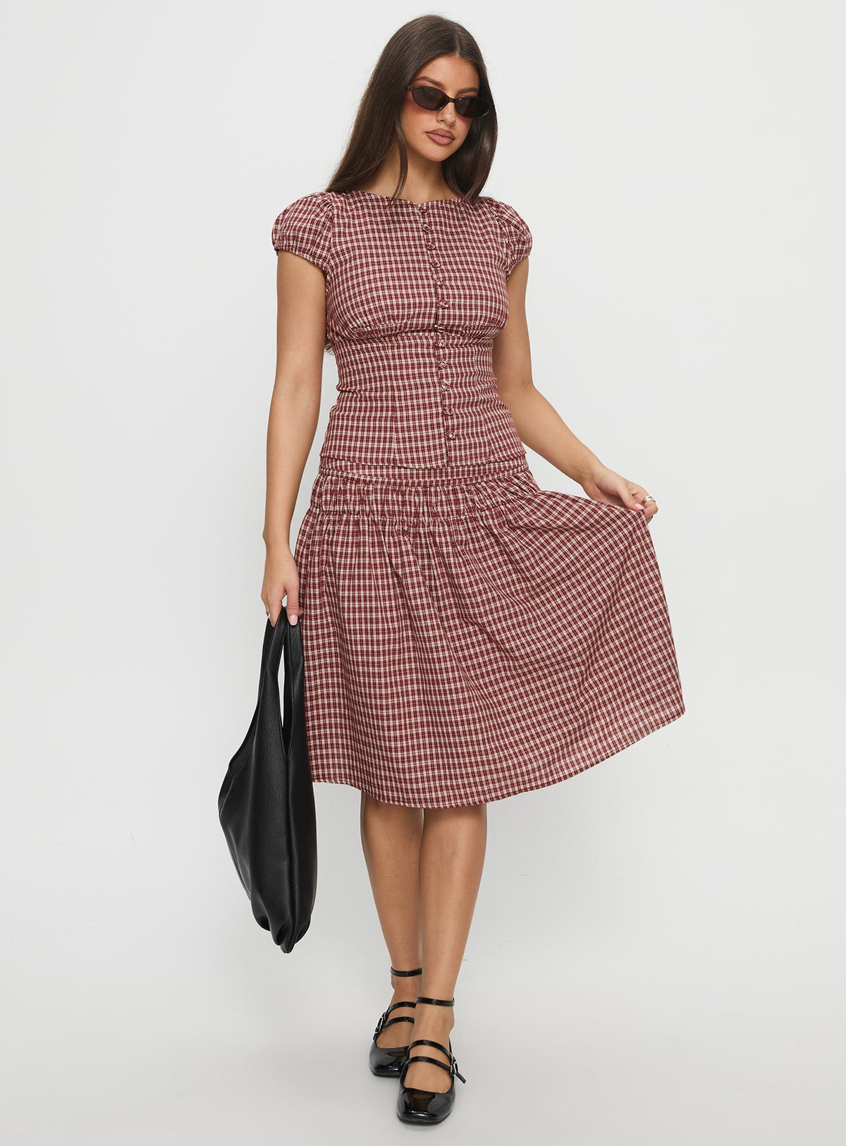   side view of model wearing Princess Polly Alixandra Ruched Midi Skirt Red Check Midi Skirts Skirts 