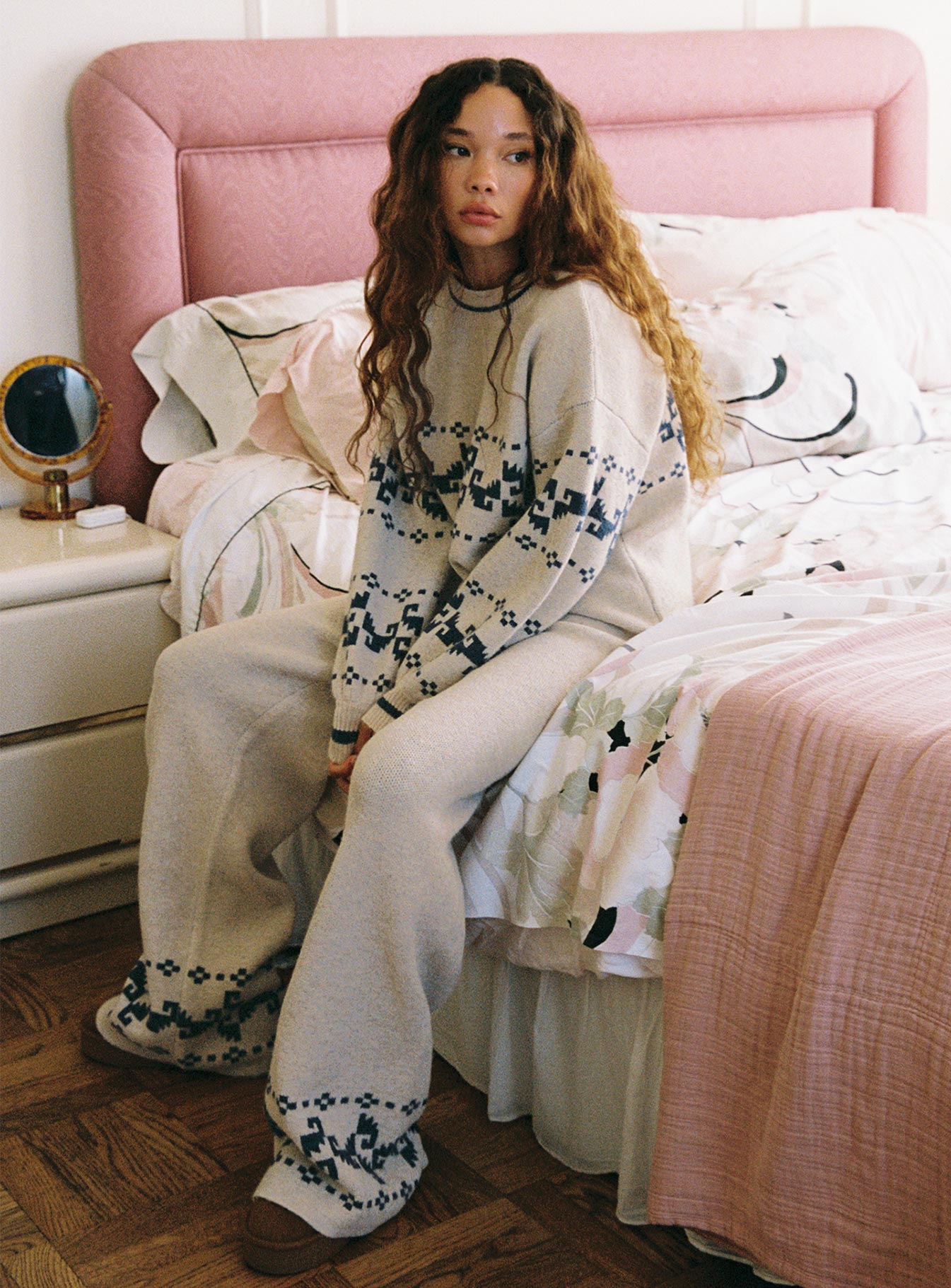 side view of model wearing Princess Polly Alpine Sweater Cream / Blue regular 