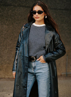 side view of model wearing Princess Polly Abrams Rib Knit Crew Sweater Charcoal Marle regular 