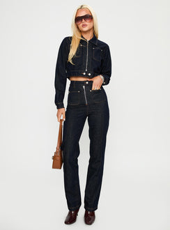 back view of model wearing Princess Polly Stallion Straight Leg Jeans Indigo High Waisted 