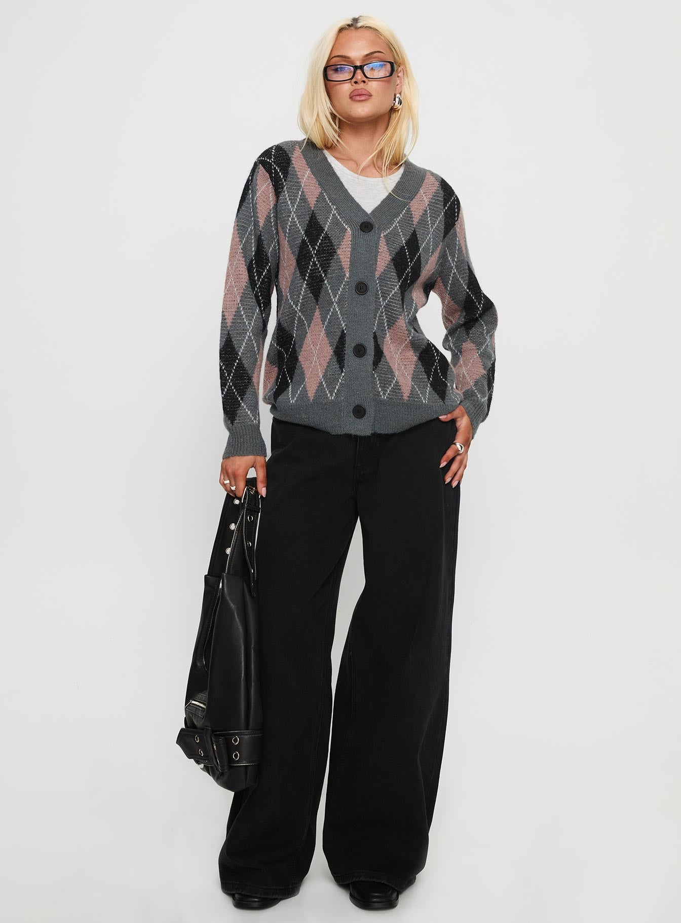 front view of model wearing Princess Polly Zeeva Button Through Knit Cardigan Grey Argyle Long 