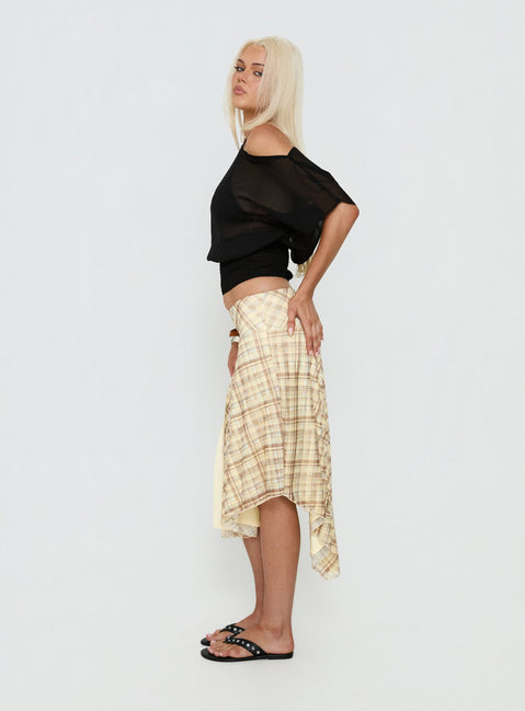   side view of model wearing Princess Polly Dulciana High Split Asymmetrical Midi Skirt Multi Check Midi Skirts 