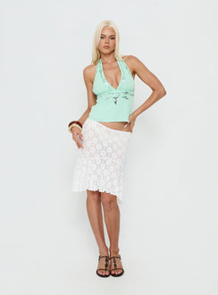   side view of model wearing Princess Polly Elphie Sheer Lace Midi Skirt White 
