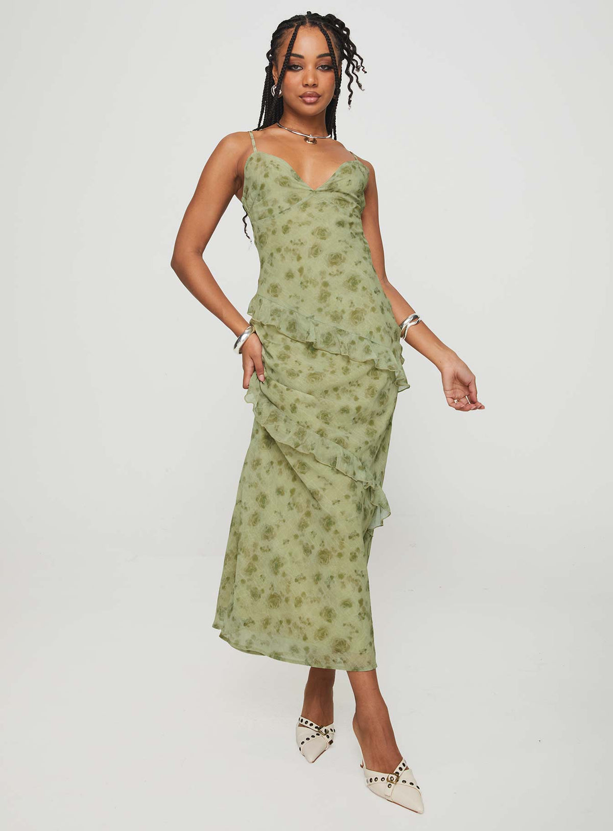 side view of model wearing Princess Polly Teffoli Maxi Dress Green Plunger 